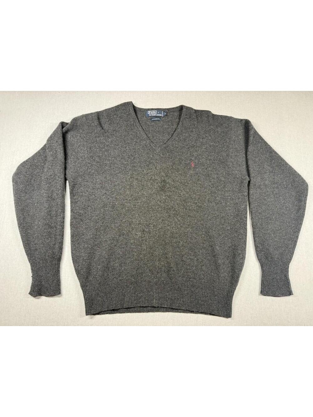 VTG Polo Ralph Lauren Sweater Men L Gray 100% Lambswool V Neck Warm